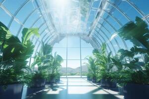 Oasis of the Future A Glowing Greenhouse Under a Blue Sky photo