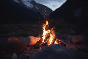 Cozy campfire in the heart of the mountain wilderness photo