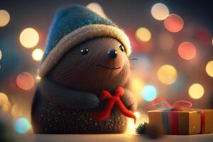 Adorable Mole with Christmas Hat and Present A Bokeh Holiday Delight photo