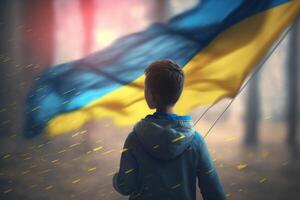 Flying Freedom A Boy Flying a Ukrainian Flag Kite, Symbolizing Liberty and Unity photo