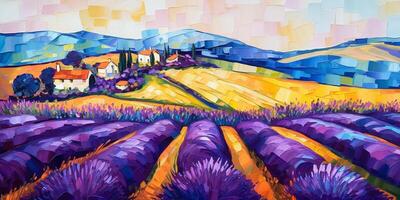 Harvesting the Beauty of Lavender Fields A Textured Oil Painting in Bold Colors photo