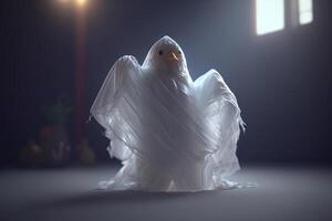 The spooky attic A chicken dressed as a ghost with a bedsheet spooks around photo