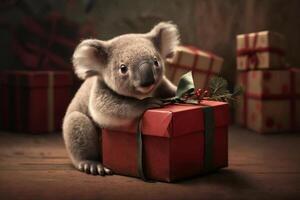 coala se sienta Entre Navidad regalos en Navidad víspera ai generado contenido foto