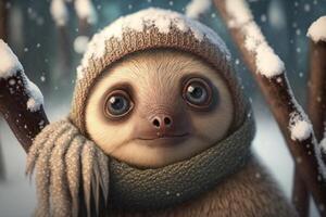 Cute sloth in hat and scarf in winter with snow photo