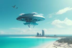 City in the Sky AI-powered Flying Cities and Spaceships over the Azure Sea photo