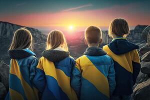 futuros de libertad niños con ucranio banderas mirando a atardecer, un esperanzado símbolo de un más brillante mañana ai generado foto