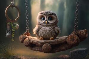 cute little baby owl is sitting on a wooden swing in the forest photo