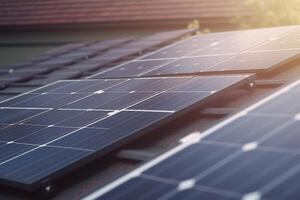 Shining Solar Power Solar Panel on House Roof with Sun Reflection photo