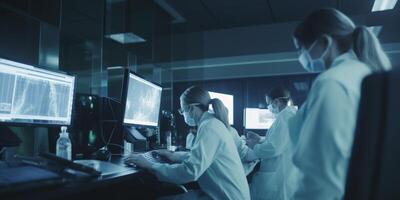 Medical team with surgical masks working in a high-tech laboratory photo