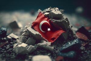 Turkish Flag amidst earthquake rubble - Symbol of Resilience and Unity photo