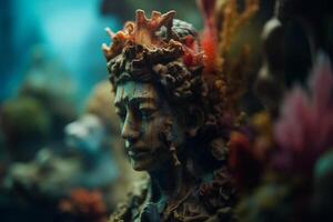 Coral-Encrusted Ancient Sculpture Head in Underwater Setting photo