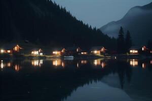 reflexiones de el noche cielo un ver de un montaña lago y iluminado pueblo ai generado foto