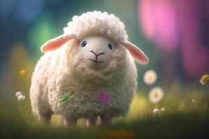 A Funny Fluffy Sheep Grazing on a Lush Green Spring Meadow photo