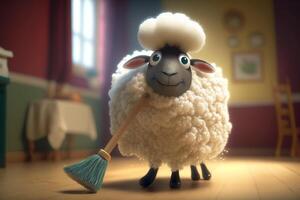 Little sheep cleaning its house with broom and cleaning tools photo