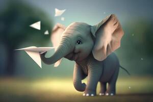 The Playful Little Elephant Making a Paper Airplane Soar with His Trunk photo