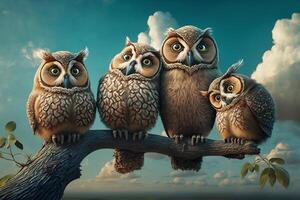 5 funny owls are sitting on a branch photo