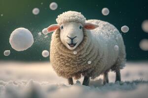 Joyful and Cute Sheep Having Fun in the Snow During a Frosty Winter photo