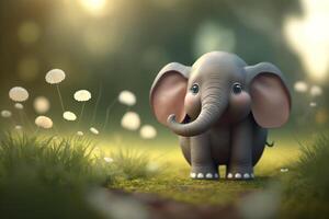 Adorable little elephant taking a stroll on a green meadow photo