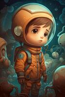 el pequeño astronauta un mágico aventuras en negrita colores y cómic estilo ai generado foto