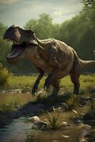 King of the Prehistoric Realm Realistic Illustration of Tyrannosaurus Rex in its Ancient Habitat photo