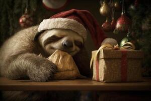 tired and exhausted sloth sleeps with santa hat between gifts at christmas photo