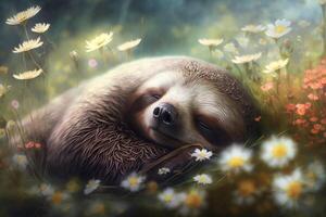 Exhausted and tired sloth lies among flowers in a meadow in spring and sleeps photo