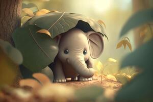 Hiding under the Big Green Leaf Funny Little Elephant photo