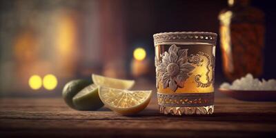 A still life of colorful glasses and bottles of tequila and mezcal, a Mexican spirit, creates a beautiful bokeh effect. photo