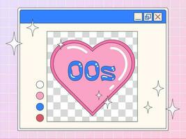 Trendy Y2k illustration of a retro computer window with cute pink heart, retro postcard, banner in 2000s aesthetic. vector