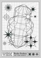 Trendy Y2K poster with geometric vector 3d wireframe model and retro stars and symbols.