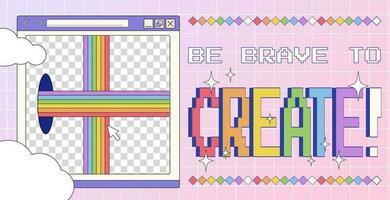 Trendy Y2K poster with retro computer window with rainbow and portals, futuristic motivational banner in 2000s aesthetic. vector