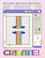 de moda y2k póster con retro computadora ventana con arco iris y portales, futurista motivacional bandera en 2000 estético. vector