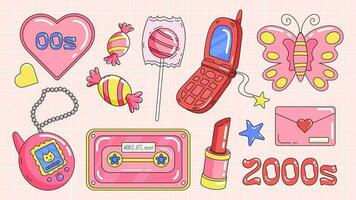 Trendy Y2K group of nostalgic retro objects, 2000s mobile phone, audio cassette, sweets and lollipops, gamepads, lipstick, hearts and butterfly. vector