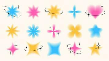 Trendy Y2K blurred objects, flowers, stars, heart and sparks. Group of retro graphic design elements with decorative stars and black frames. vector