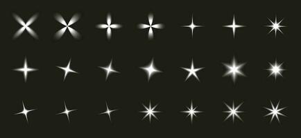 Collection of white glowing stars, Y2K blurred white shapes, glowing design vector elements.