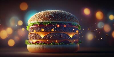 Juicy Hamburger with Bokeh Background, Delicious Fast Food Illustration photo