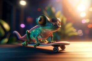 Skating through the city A cool photorealistic cartoon chameleon on a skateboard photo
