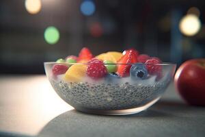 sano desayuno cuenco con chia semilla pudín y Fresco frutas ai generado foto