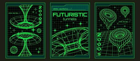 Trendy Y2K posters with 3d vector tunnels, forms and stars on a grid background. Vertical banners in 2000s aesthetic.