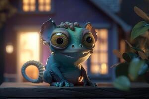 Eccentric photorealistic cartoon chameleon with crazy gaze in front of blurred spooky house at night photo