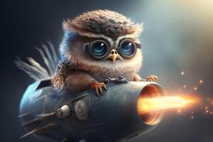 funny baby owl in a flying object with aviator goggles in the sky photo