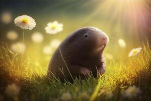 Illustration of cute mole on a green meadow in spring generated content photo