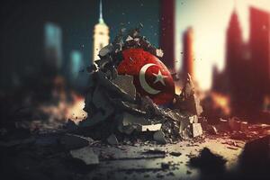 Turkish Flag amidst earthquake rubble - Symbol of Resilience and Unity photo