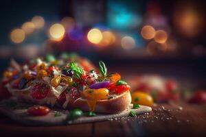 Authentic Italian Bruschetta on Rustic Bread with Tomatoes and Basil photo