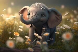 Sweet little elephant enjoying a spring flower field photo