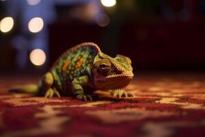 Colorful Chameleon perched on a carpet photo