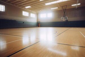 Empty, Sunlit Gymnasium in a High School Where Memories Were Made photo