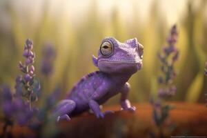 Lavender Lizard A Photorealistic Cartoon Chameleon in a Field of Lavender photo