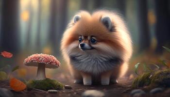 Curious Pomeranian Dog Sniffs Mushroom in the Forest photo