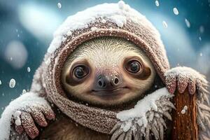 Cute sloth in hat and scarf in winter with snow photo